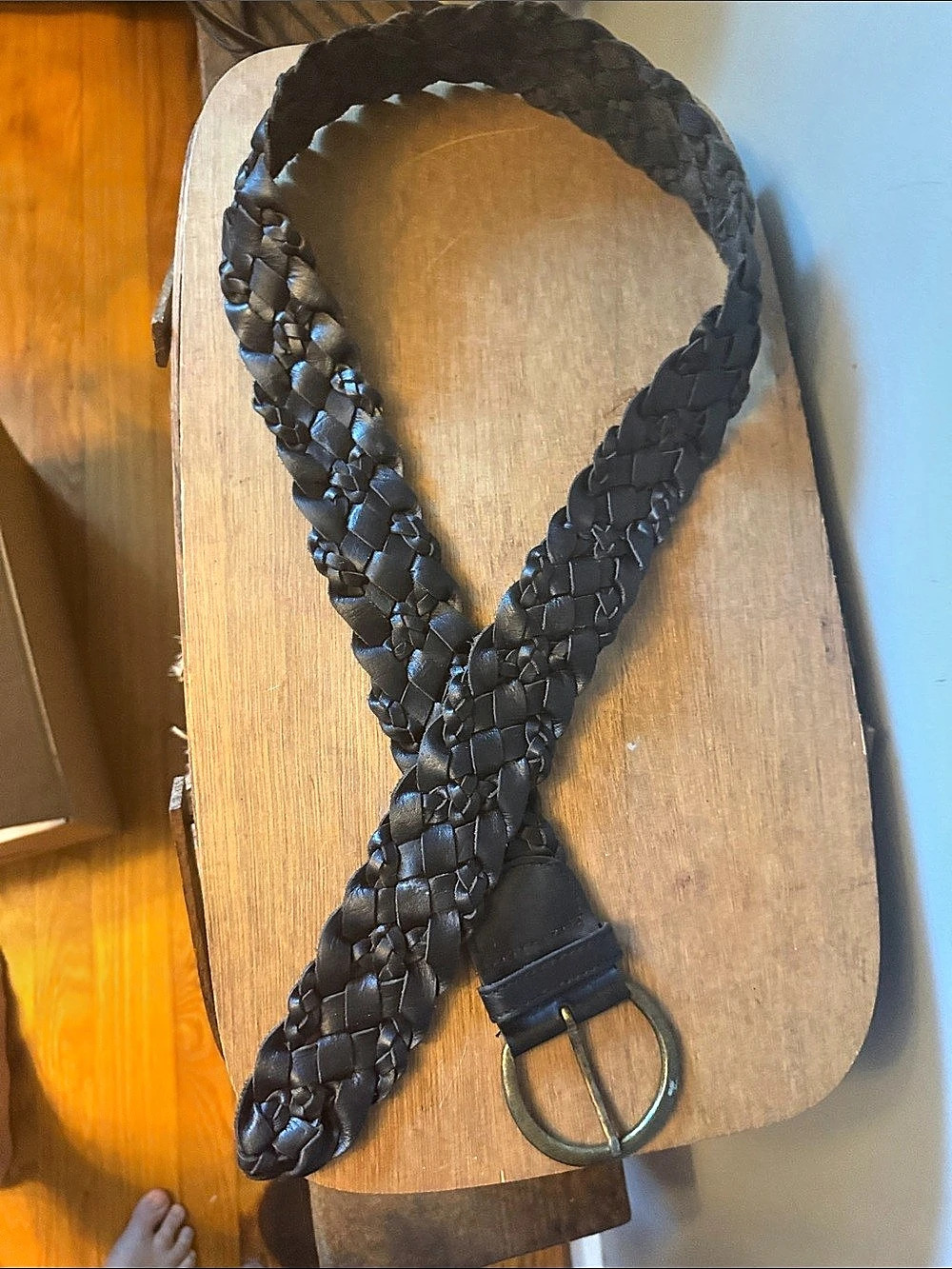 Vintage Y2K Faded Glory Black Braided Leather Belt XL Round Brass Buckle Boho